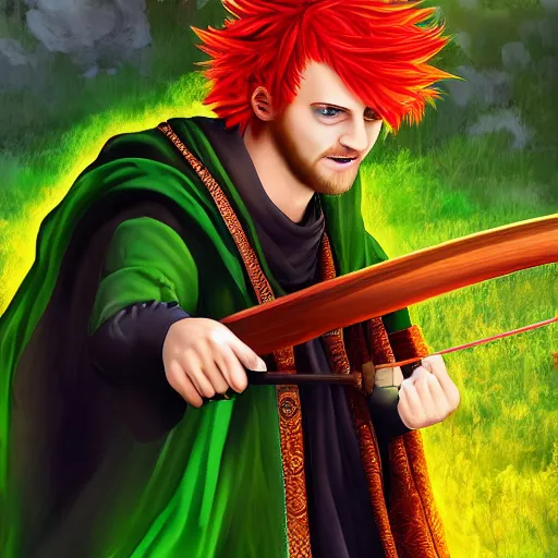 Prompt: man with fire - red hair, mischievous expression, bright green eyes, green cloak, holding a lute, small medieval village in the background, hyperrealism, digital art, 8 k