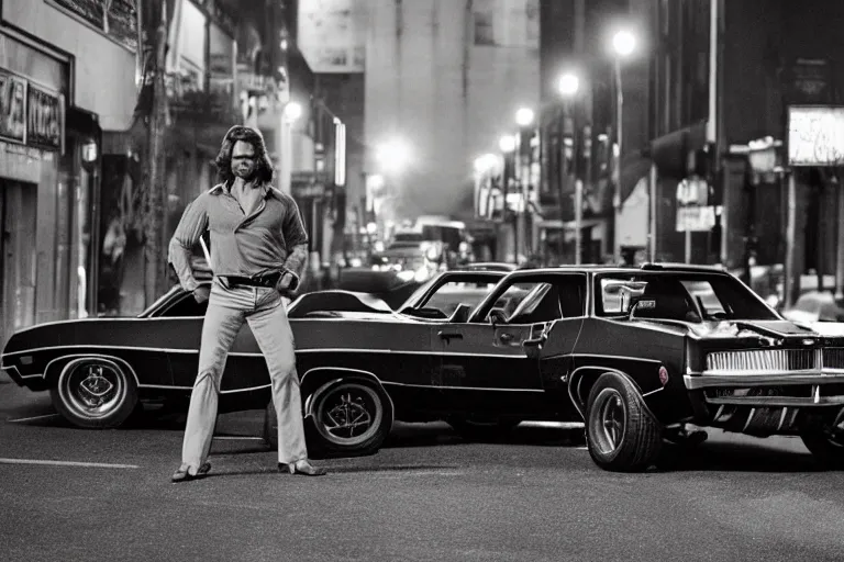 Image similar to 70s dressed Kurt Russel posing and in the background there two 70’s muscle cars parked on a deserted city street at night time, purple lighted street, wide angle, cinematic, retro-wave vibes, grainy, soft motion blur