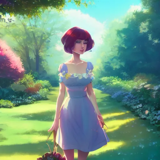 Prompt: a beautiful woman in southern belle fashion, garden landscape, 4k, anime key visual, lois van baarle, ilya kuvshinov, rossdraws, artstation