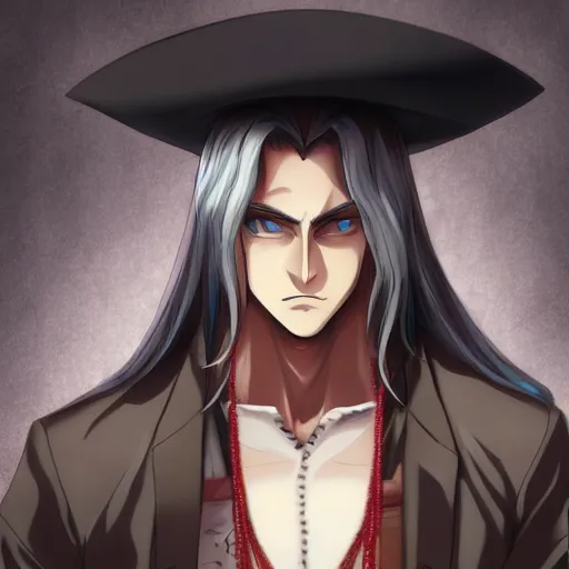 Image similar to portrait of alucard as a merchant, anime fantasy illustration by tomoyuki yamasaki, kyoto studio, madhouse, ufotable, trending on artstation