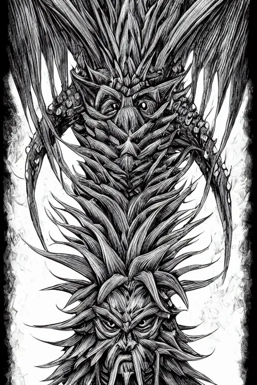 Image similar to pineapple humanoid figure monster, symmetrical, highly detailed, digital art, sharp focus, trending on art station, kentaro miura manga art style