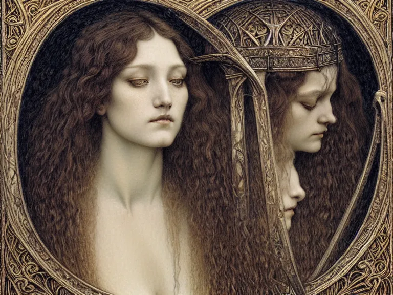 Image similar to detailed realistic beautiful young medieval queen face portrait by jean delville, gustave dore and marco mazzoni, art nouveau, symbolist, visionary, gothic, pre - raphaelite. horizontal symmetry