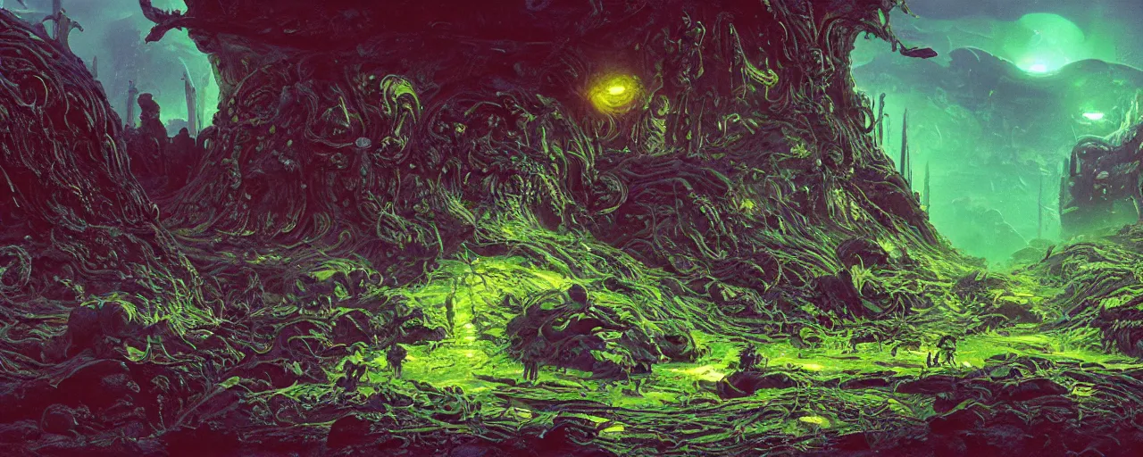 Image similar to ” slimy alien landscape, [ organic, disgusting, cinematic, detailed, epic, widescreen, opening, establishing, mattepainting, photorealistic, realistic textures, octane render, art by slop and paul lehr ] ”