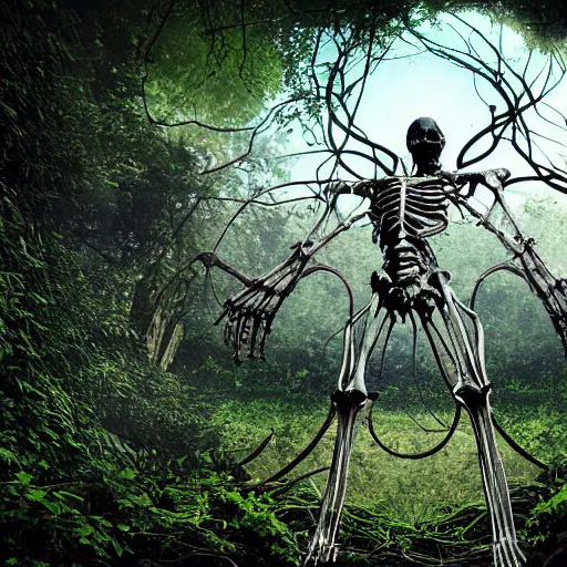 Prompt: a gigantic ethereal godlike skeletal being at the edge of a city, ancient, covered in overgrown leaves and vines and plants, hdr, digital art, dramatic composition