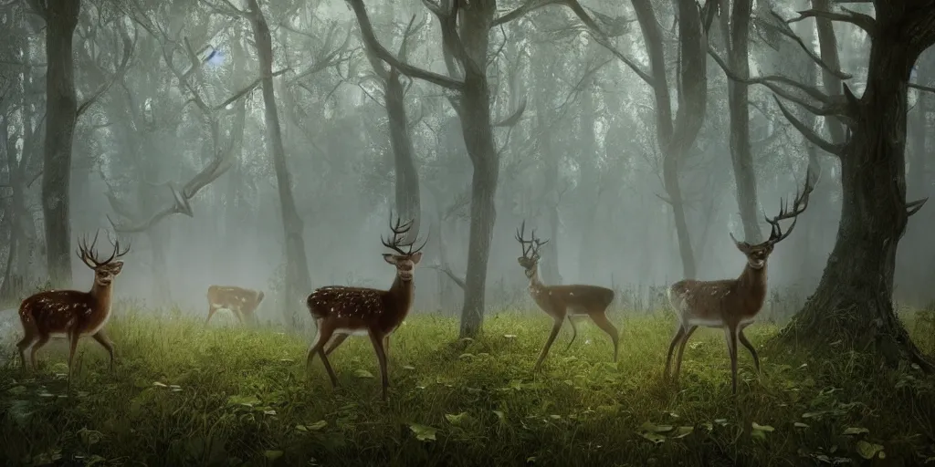 Prompt: forrest with beautiful deer, superwide angle, light through the mist, dramatic lighting, photorealistic, cinematic lighting, high detail, cinematic feel, high octane, 4 k, unreal engine, digital render, intricate, ultra realistic, concept art