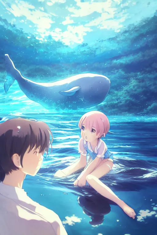 Image similar to a panorama view under the water, anime art full body portrait character concept art, hyper detailed cg rendering of a cute girl and whale, anime key visual of children of the sea, finely detailed perfect face, style of raphael lacoste, makoto shinkai, violet evergarden, studio ghibli, james jean, hayao miyazaki, extremely high quality artwork