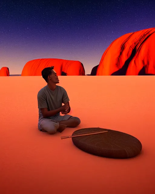 Image similar to close - up of man sitting at uluru playing medicine drum at campfire under cosmic night sky, global illumination radiating a glowing aura global illumination ray tracing hdr render in unreal engine 5, dramatic atmospheric volumetric lighting