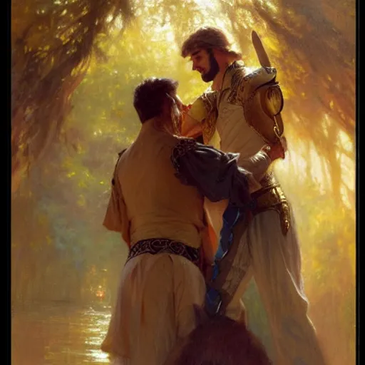 Image similar to attractive fully clothed king confesses his love for his attractive fully clothed male prince. highly detailed painting by gaston bussiere, craig mullins, daniel f. gerhartz, j. c. leyendecker 8 k