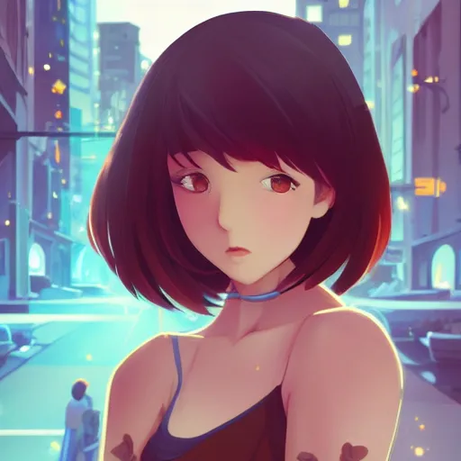 Image similar to a beautiful woman with a hime haircut, dark brown hair and tan skin, dark brown eyes, city landscape, 4k, anime key visual, lois van baarle, ilya kuvshinov, rossdraws, artstation