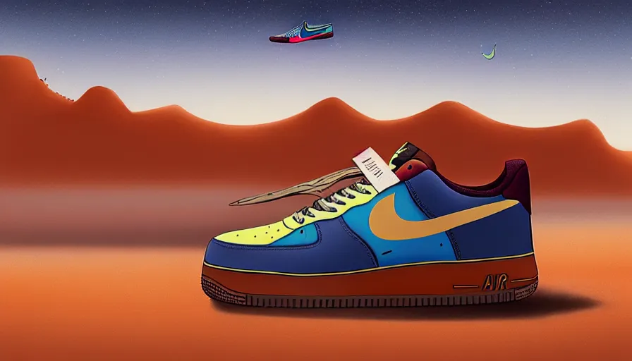 Image similar to a beautiful matte painting of nike air force 1 shoe in desert of morocco, simon stalenhag and jakub rozalski and alan bean, trending on artstation, realistic rendering