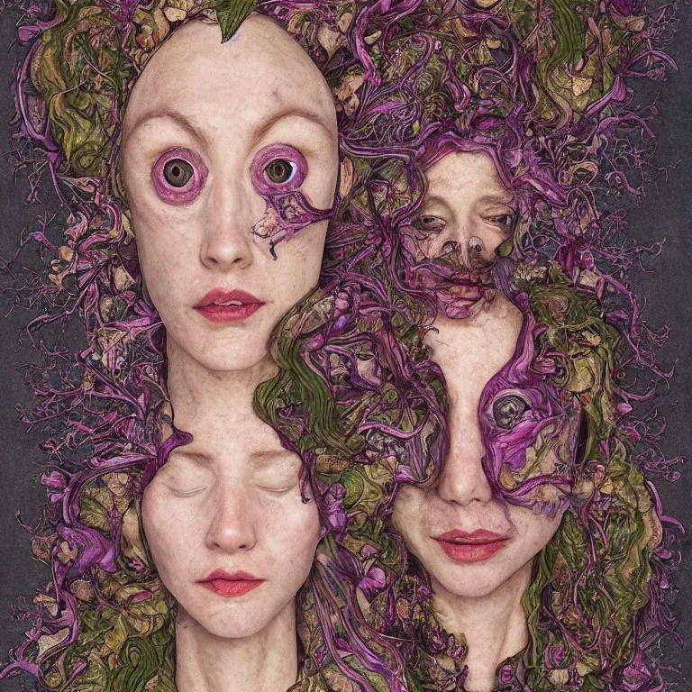 Image similar to a grinning shape shifting girl, plant patterns, her face looks like an orchid, she is the center of the garden, jan van eyck, ernst fuchs, egon schiele, trending on artstation, 8 k, award winning, facial symmetry, iris van herpen, high octane, psychedelic, werewolf, mermaid, harpy, dryad, cybernetic