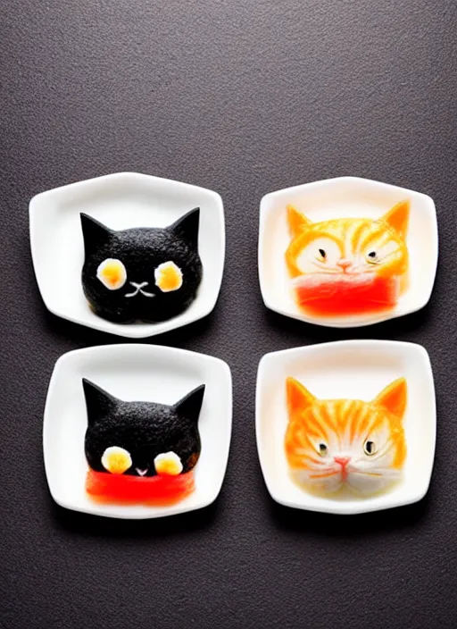 Prompt: clear photorealistic picture of adorable cats made from sushi rice, sitting on sushi plates with garnish