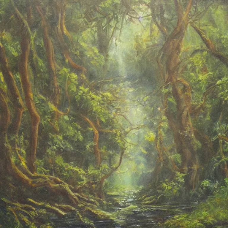 Image similar to light oil painting of a forest with a stream running down the middle with tiny female woodland sprites dancing, anatomically correct