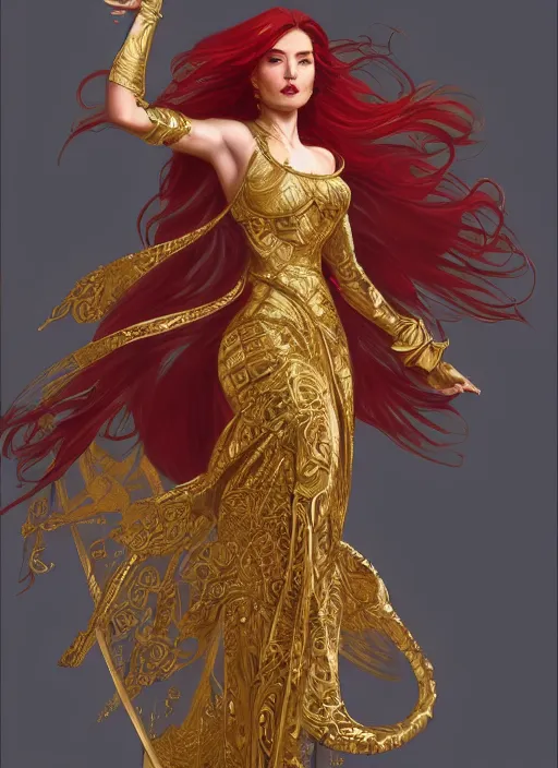 Prompt: !! fullbody!! dynamic movement pose, beautiful woman with red hair, byzantine noble, gold jewellery, dnd, face, fantasy, intricate, elegant, highly detailed, digital painting, artstation, concept art, smooth, sharp focus, illustration, art by artgerm and greg rutkowski and alphonse mucha