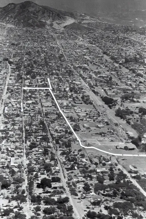 Prompt: retro photograph taken from hill of giant crack!!!!!! in the sky above southern california city