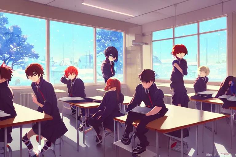 boy's love anime modern high school classroom in, Stable Diffusion