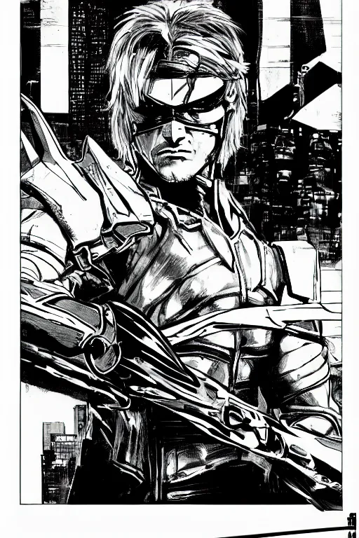 Image similar to raiden from metal gear rising, doing a heroic pose, a page from cyberpunk 2 0 2 0, style of paolo parente, style of mike jackson, adam smasher, johnny silverhand, 1 9 9 0 s comic book style, white background, ink drawing, black and white