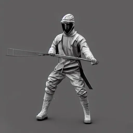 Image similar to 3 d rendering of marble and chrome statue of ninja wearing full face mask and hunter hat, combat suit, technological, octane render