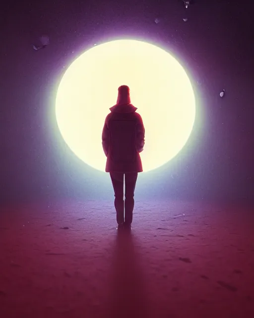 Image similar to a person standing in front of a glowy open door that's on a barren moon, poster art by mike winkelmann, trending on cg society, space art, sci - fi, ue 5, futuristic, volumetric lighting