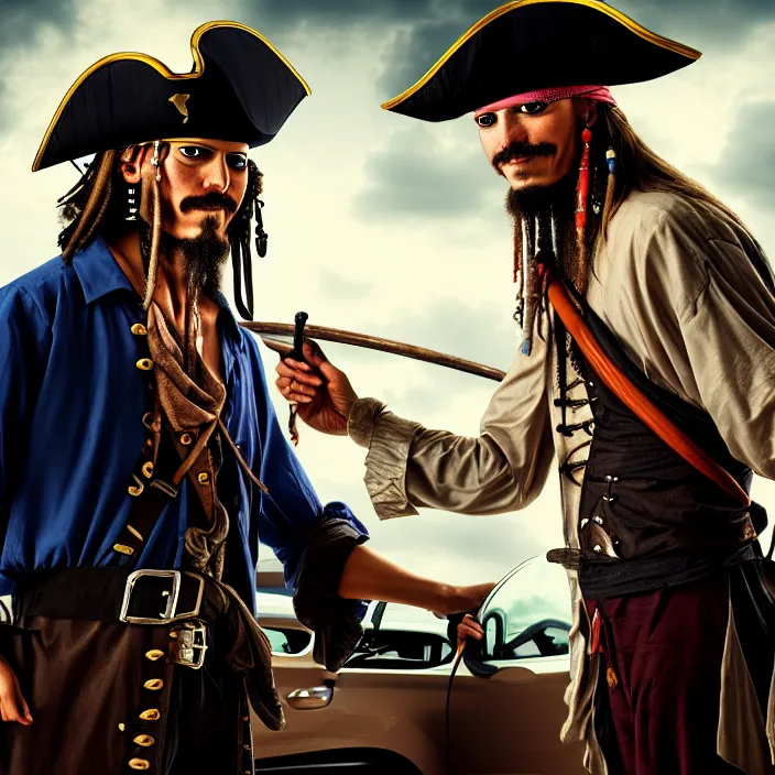 Prompt: a pirate downloading a car, oil on canvas, dramatic lighting, comedy, 8 k