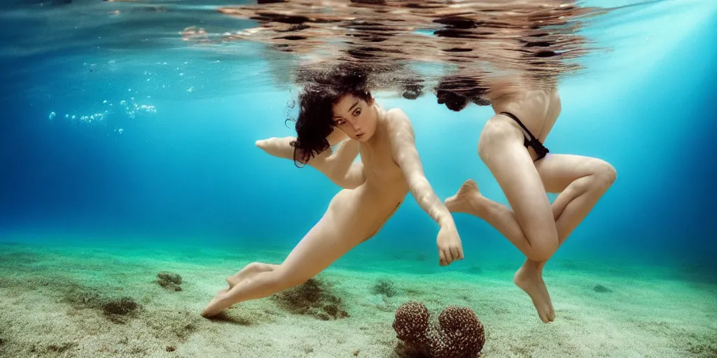 Image similar to underwater photography full body portrait, low angle, from below, of beautiful simple persian diver tattooed young hunter pincess swimming underwater, low angle, realistic, 4 k, high quality, masterpiece photography by terry o'neill intricate, elegant, highly detailed, smooth, sharp focus, by artgerm and greg rutkowski and alphonse mucha, 8 k