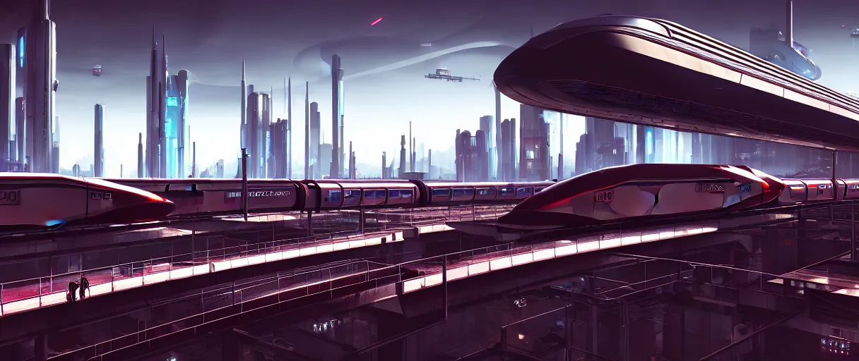Prompt: futuristic city center maglev train station, modern landscape architectural design for industrialpunk concrete and glass, maroon metallic accents, gorgeous lighting, golden hour, cyberpunk, 2077, dramatic lighting and composition, high detail digital art 5, 8k, origin 100i, star citizen concept art