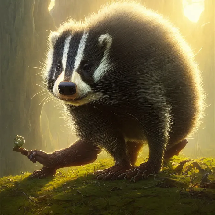 Image similar to highly detailed portrait of a cute badger, unreal engine, fantasy art by greg rutkowski, loish, rhads, ferdinand knab, makoto shinkai and lois van baarle, ilya kuvshinov, rossdraws, tom bagshaw, alphonse mucha, global illumination, radiant light, detailed and intricate environment