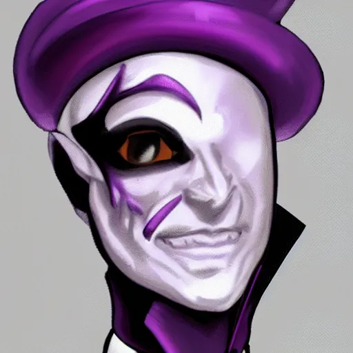 Prompt: a purple skinned tiefling wearing a white suit and tophat