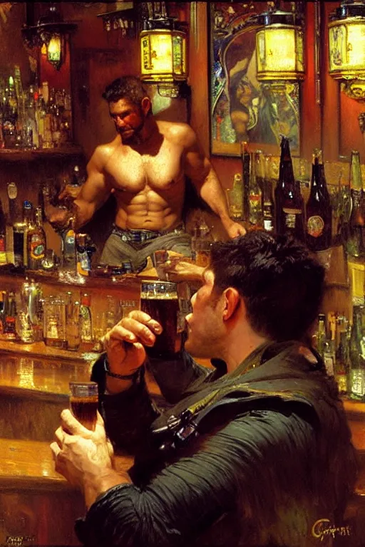 Prompt: chris redfield drinking beer in a bar, painting by gaston bussiere, craig mullins, greg rutkowski, alphonse mucha