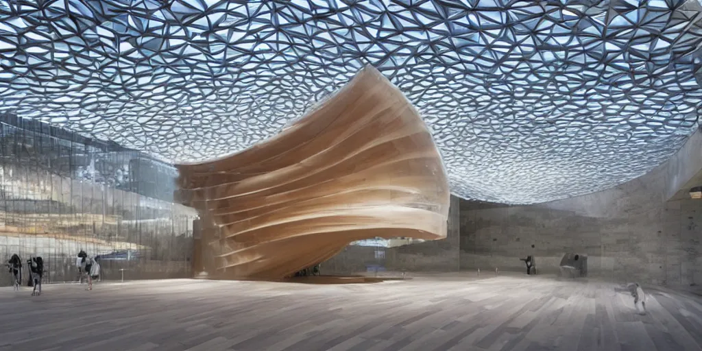 Image similar to a beautiful futuristic museum made out of translucent wood