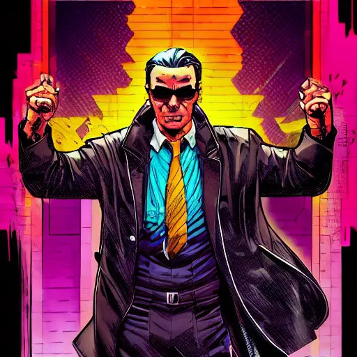 Image similar to a cyberpunk mafia boss with slicked back hair, in a cyberpunk setting, comic book art, cyberpunk, art by stan lee, pen drawing, inked, colorful, bright high tech lights, dark, moody, dramatic, deep shadows, marvel comics, dc comics