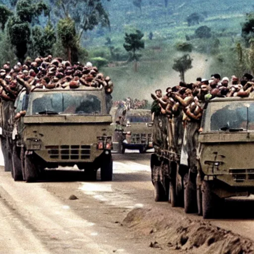 Image similar to film still, French Military convoy in 1994 Rwanda génocide