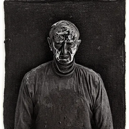 Prompt: a portrait a very ordinary person, by Alberto Burri, monochrome, tar, burnt, hessian sack