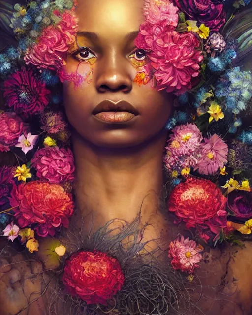 Image similar to portrait of the afro - american queen of the underworld, surrounded by flowers by karol bak, james jean, tom bagshaw, rococo, sharp focus, trending on artstation, cinematic lighting, hyper realism, octane render, 8 k, hyper detailed.