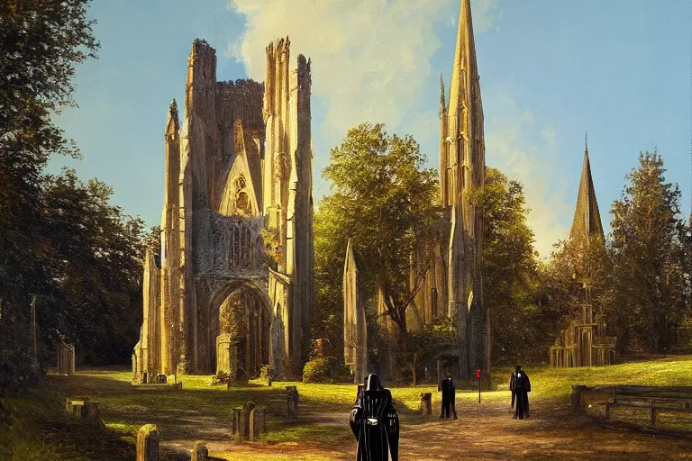 Image similar to a detailed oil painting of darth vader leaving a quaint medieval norman flint church, english, churchyard, trees, golden hour, lead - covered spire, realistic architecture