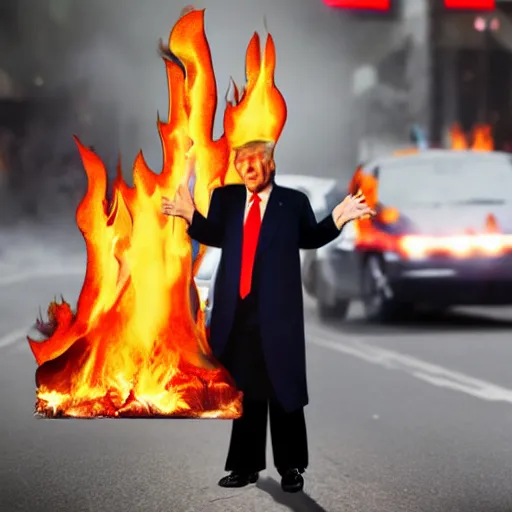 Image similar to photo realistic donald trump on fire crossing the street busy traffic no one cares