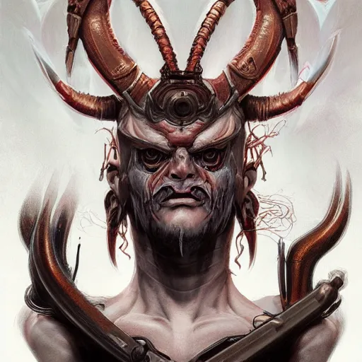 Image similar to portrait, cyberpunk japanese oni demon with horns, stern expression, long hair, highly detailed, digital painting, artstation, concept art, smooth, sharp focus, illustration, artgerm, tomasz alen kopera, peter mohrbacher, donato giancola, joseph christian leyendecker, wlop, frank frazetta