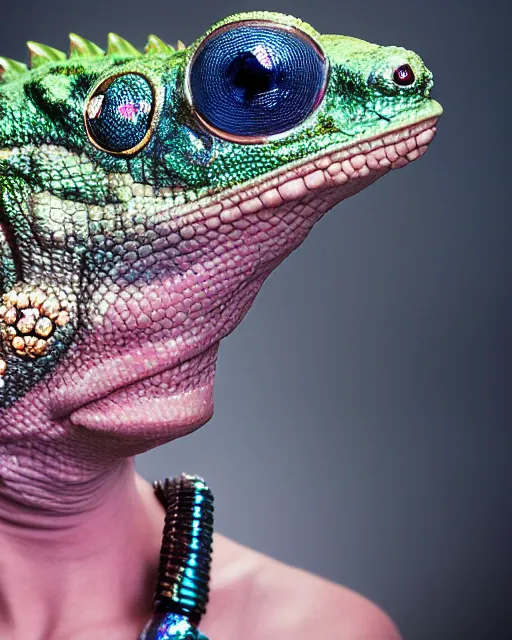 Image similar to natural light, soft focus portrait of a cyberpunk anthropomorphic chameleon with soft synthetic pink skin, blue bioluminescent plastics, smooth shiny metal, elaborate ornate head piece, piercings, skin textures, by annie leibovitz, paul lehr