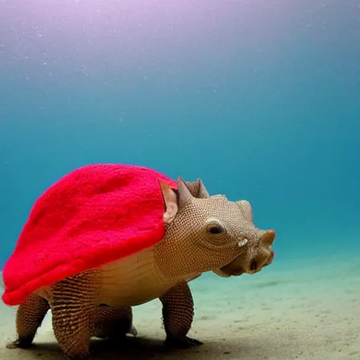 Image similar to and armadillo wearing a red hat underwater