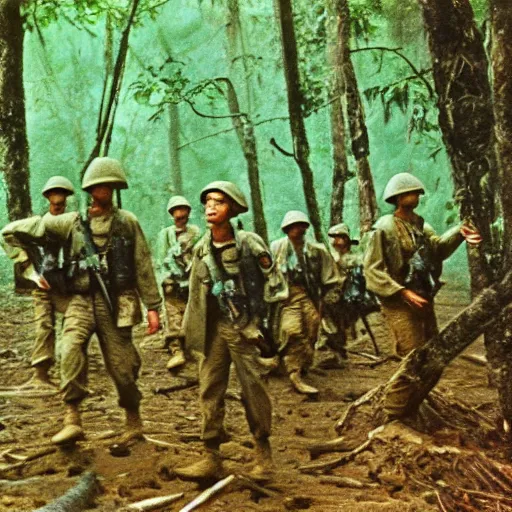 Image similar to wide shot, a formation of American Soldiers patrolling deep in the thick, Vietnamese forest in 1969, painting, colored