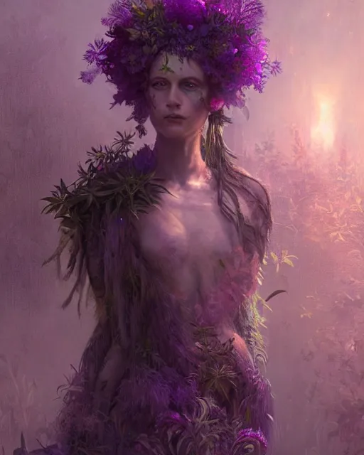 Image similar to portrait of woman queen dryad made of plants weed and trees, fantasy character portrait full body concept art, intricate details, volumetric neon purple lights in the mist by greg rutkowski, gaston bussiere