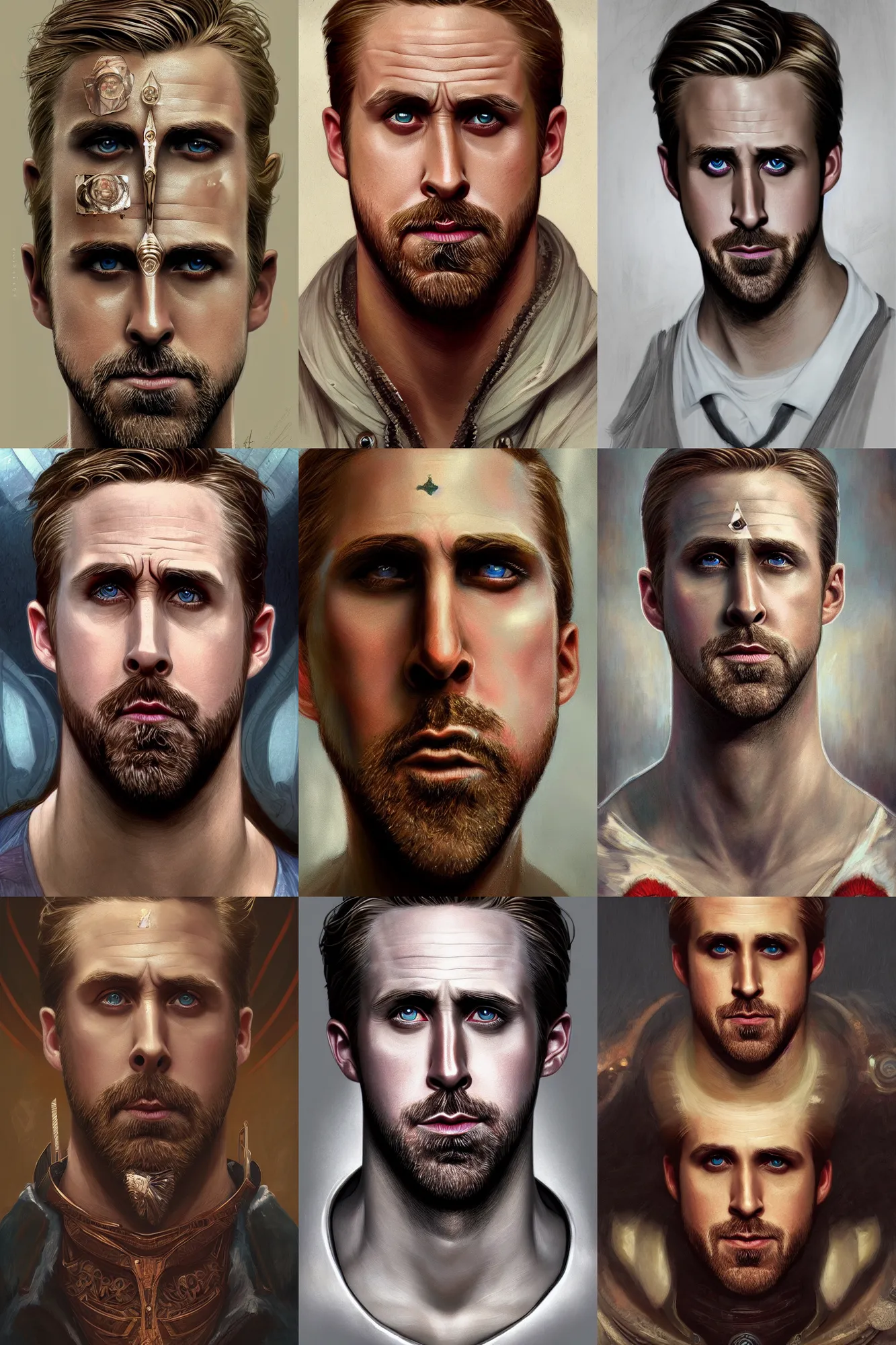 Prompt: symmetry!! portrait of ryan gosling in the style of god of war, machine parts embedded into face, intricate, elegant, highly detailed, digital painting, artstation, concept art, smooth, sharp focus, illustration, art by artgerm and greg rutkowski and alphonse mucha, 8 k