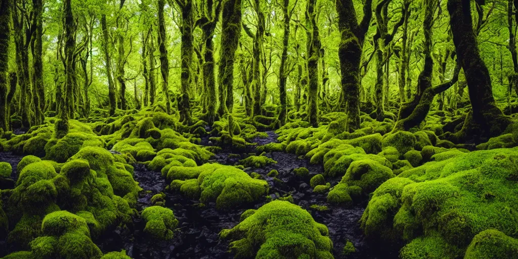 Image similar to photo of a landscape with lush forest, wallpaper, very very wide shot, iceland, new zeeland, green flush moss, national geographic, award landscape photography, professional landscape photography, ancient forest, sunny, day time, beautiful