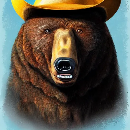 Image similar to portrait of bear beast-man wearing a cowboy hat, digital art, concept art, highly detailed, sharp focus