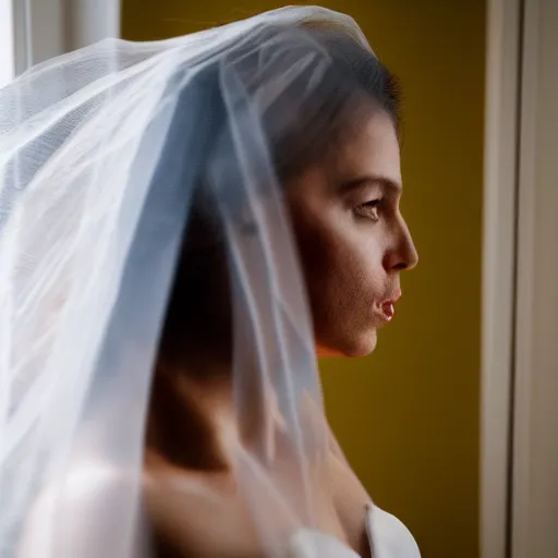 Image similar to Photorealistic portrait of a woman model wearing a wedding veil, looking out the window, dramatic lighting, 55mm