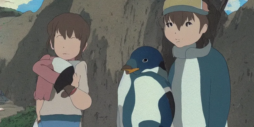 Prompt: a girl with a penguin on her shoulder, still from a studio ghibli film