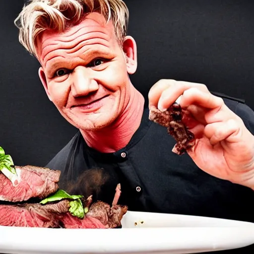 Prompt: gordon ramsay dipping steak into a toilet and eating it