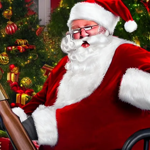 Image similar to santa claus scared, holding a shotgun indoors photorealistic 4 k