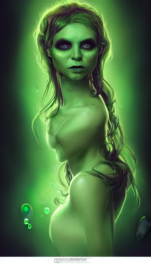 Image similar to portrait of magical green goblin female , dark fantasy, gradient green black, dreamy and ethereal, (colour) eyes, one head, golden ratio, peaceful expression, ornate frilly dress, fantasy, intricate, elegant, rainbow bubbles, highly detailed, digital painting, artstation, concept art, smooth,b sharp focus, illustration, art by artgerm and greg rutkowski and alphonse mucha