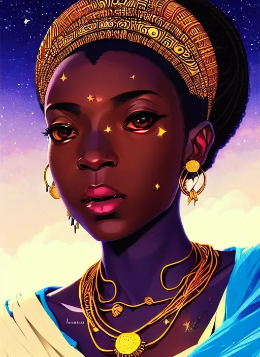 Prompt: a comic portrait of a cosmic african goddess with stars and clouds, fine - face, realistic shaded perfect face, fine details, jewelry, night setting. very anime style. realistic shaded lighting poster by ilya kuvshinov katsuhiro, magali villeneuve, artgerm, jeremy lipkin and michael garmash, rob rey and kentaro miura style, trending on art station